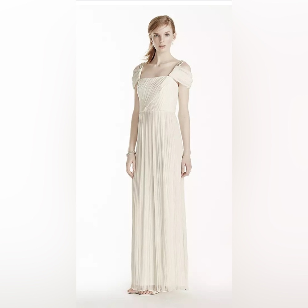 NWT David's Bridal Beaded Drop Shoulder Pleated Long Jersey Dress Ivory Size 8